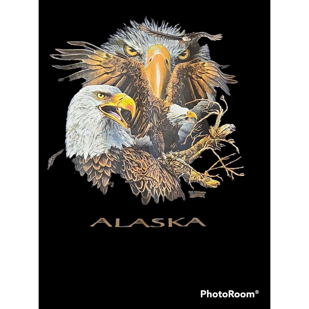 Guildan Heavy Cotton Black Alaska Eagle Graphic SS Tee-M-Biker-Americana-Western